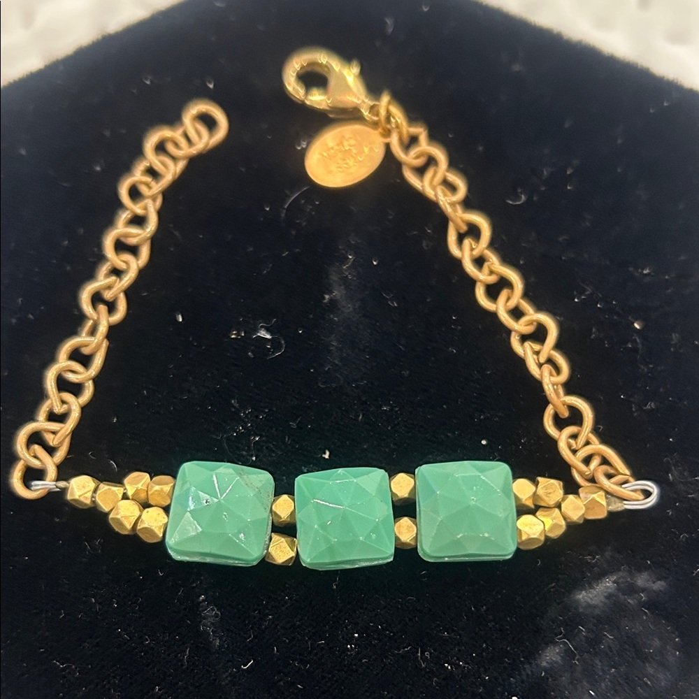 Green Jadeite Three Stone Antiqued Gold Bracelet-NWT